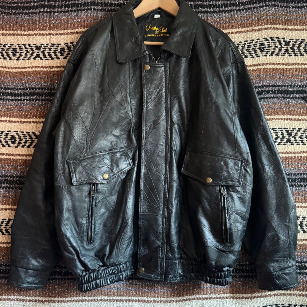 Leather & Soul Genuine Leather Bomber Jacket Large Black Patchwork Vintage